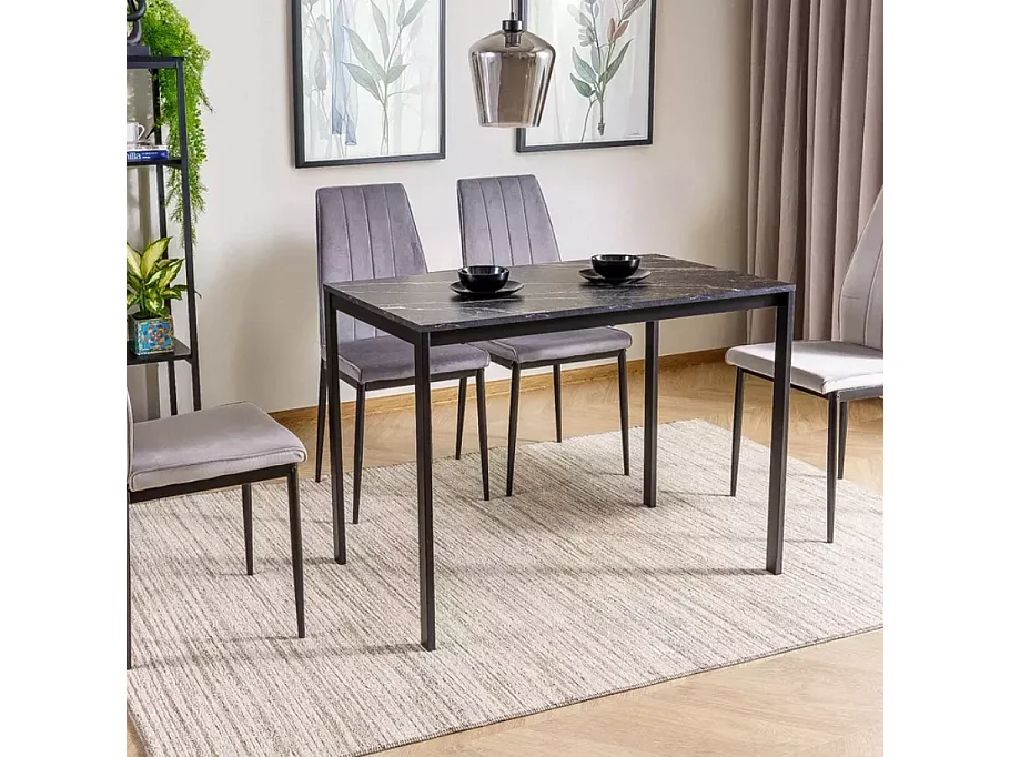 Table rectangulaire 100 cm avec plateau stratifié noir effet marbre pieds noir LANDRY