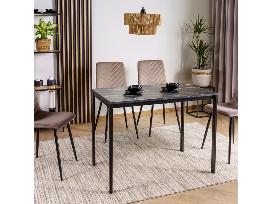 Table rectangulaire 100 cm avec plateau stratifié noir effet marbre pieds noir LANDRY