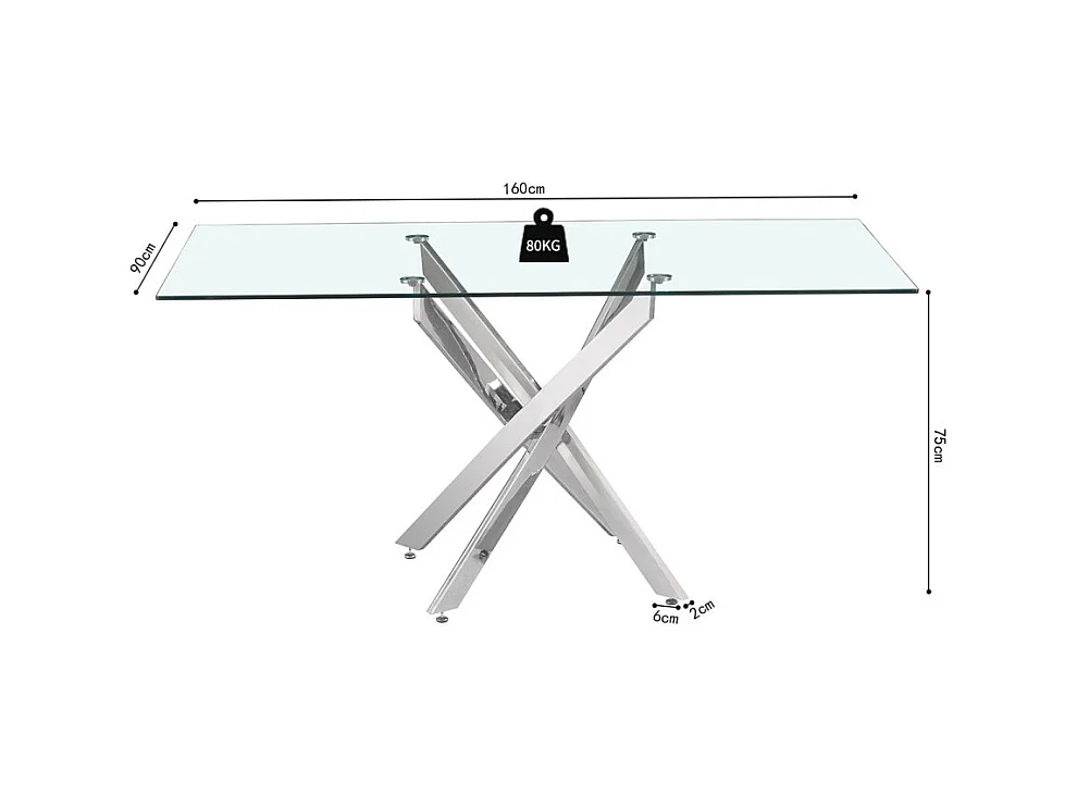 Mesa de comedor CRISTELIA – 160x90 cm – Tablero de cristal – Patas de metal cromado – Diseño elegante y luminoso