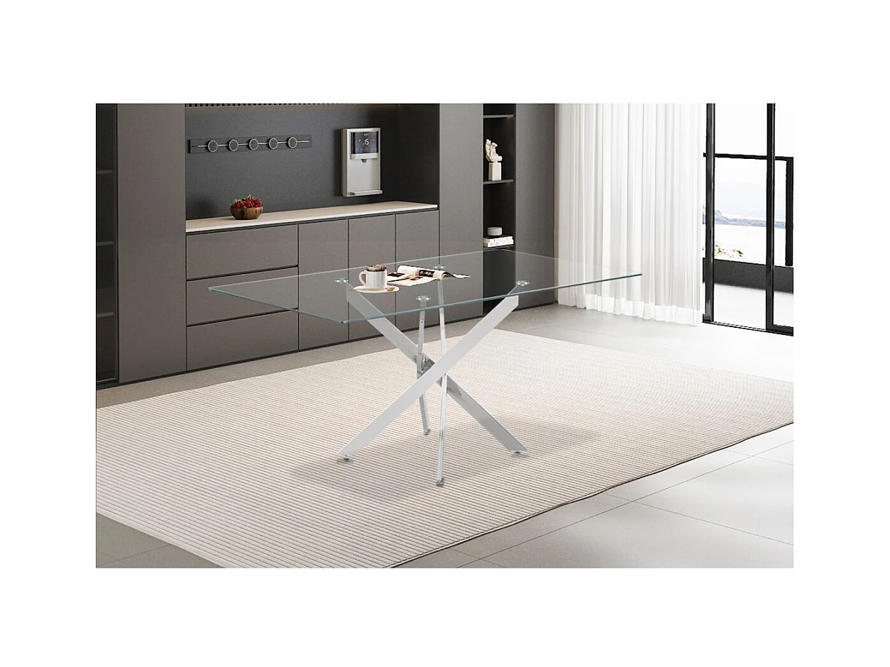 Mesa de comedor CRISTELIA – 160x90 cm – Tablero de cristal – Patas de metal cromado – Diseño elegante y luminoso