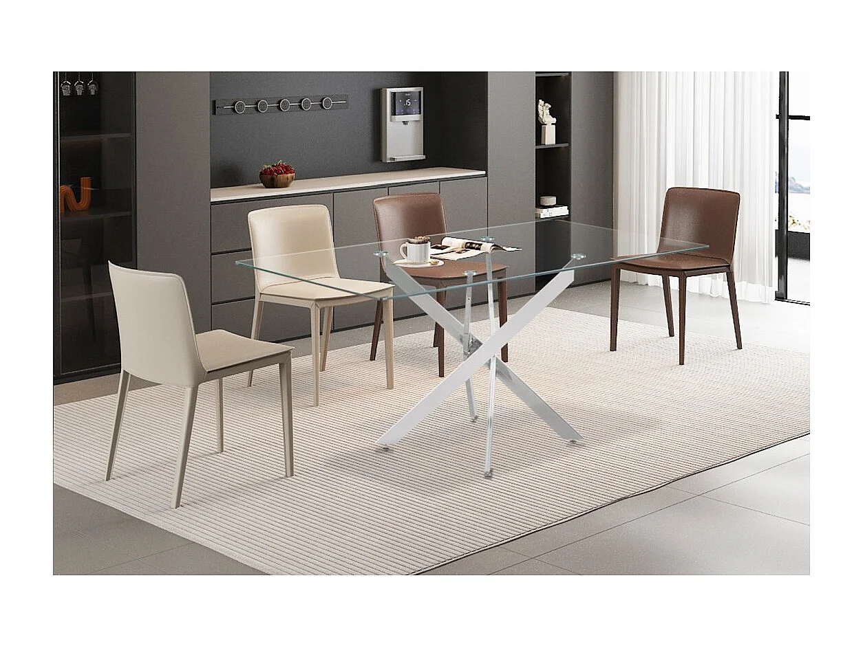 Mesa de jantar CRISTELIA – 160x90 cm – Tampo de vidro – Pés em metal cromado – Design elegante e luminoso