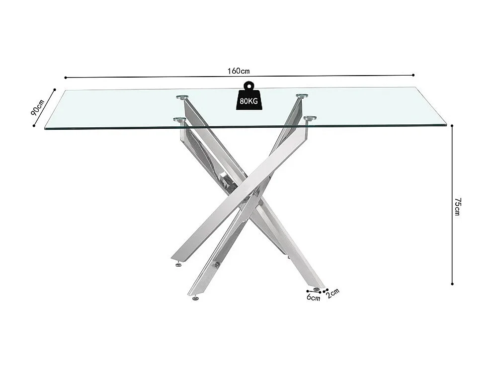 Mesa de jantar CRISTELIA – 160x90 cm – Tampo de vidro – Pés em metal cromado – Design elegante e luminoso