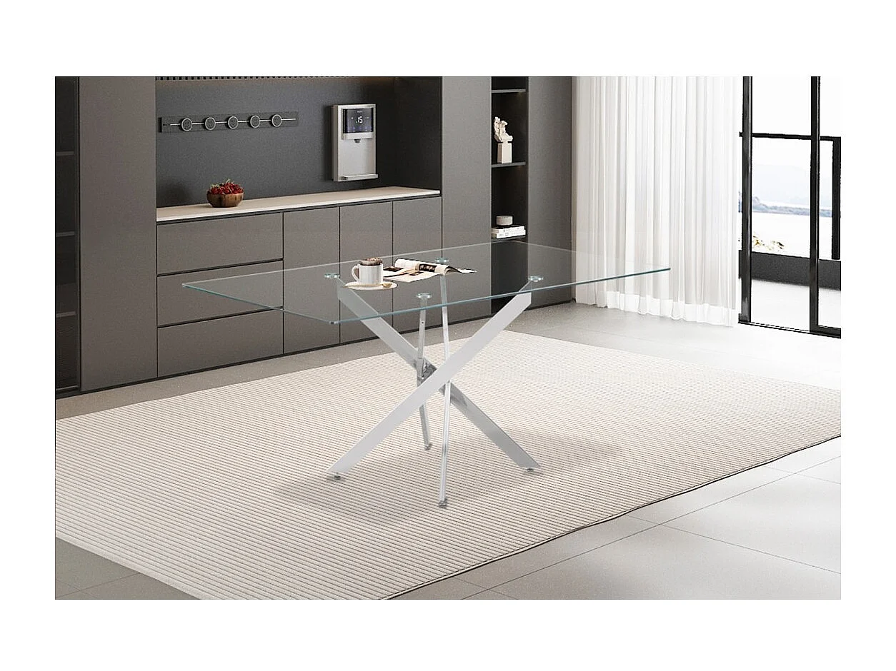 Mesa de jantar CRISTELIA – 160x90 cm – Tampo de vidro – Pés em metal cromado – Design elegante e luminoso