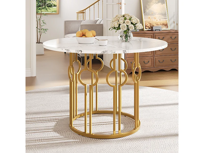 Esstisch für 4 Personen – 100 x 100 x 76 cm – runder Tisch mit goldenen Metallbeinen – marmorierte MDF-Platte – MDF + Metall – weiß
