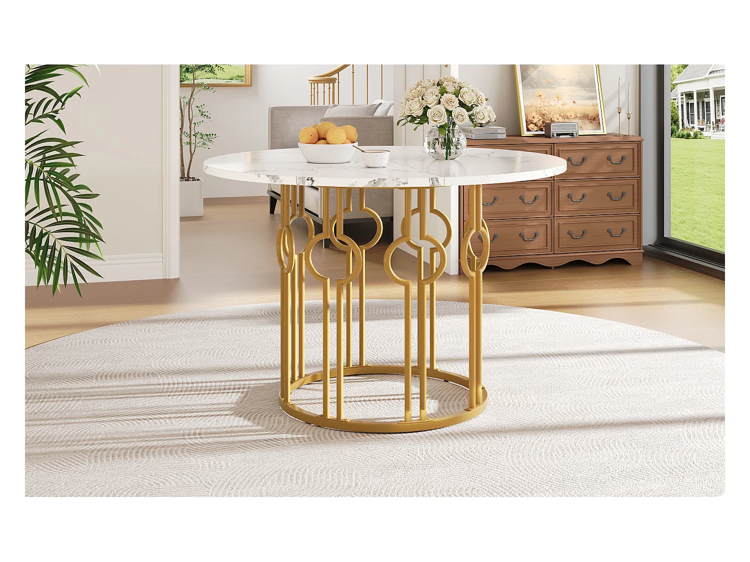 Table à manger 4 places - 100 x 100 x 76cm - table ronde pieds en métal dorés -  plateau en MDF marbré - MDF + Métal - blanc