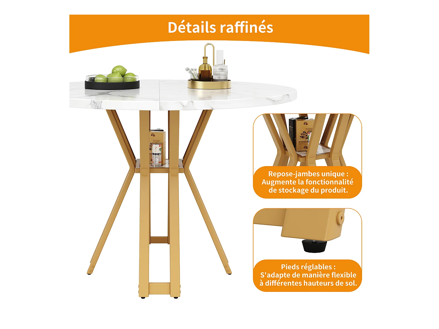 Ronde eettafel voor 4 personen, blad van wit marmerfineer met gekruiste poten van goudkleurig metaal - 100x100x76cm