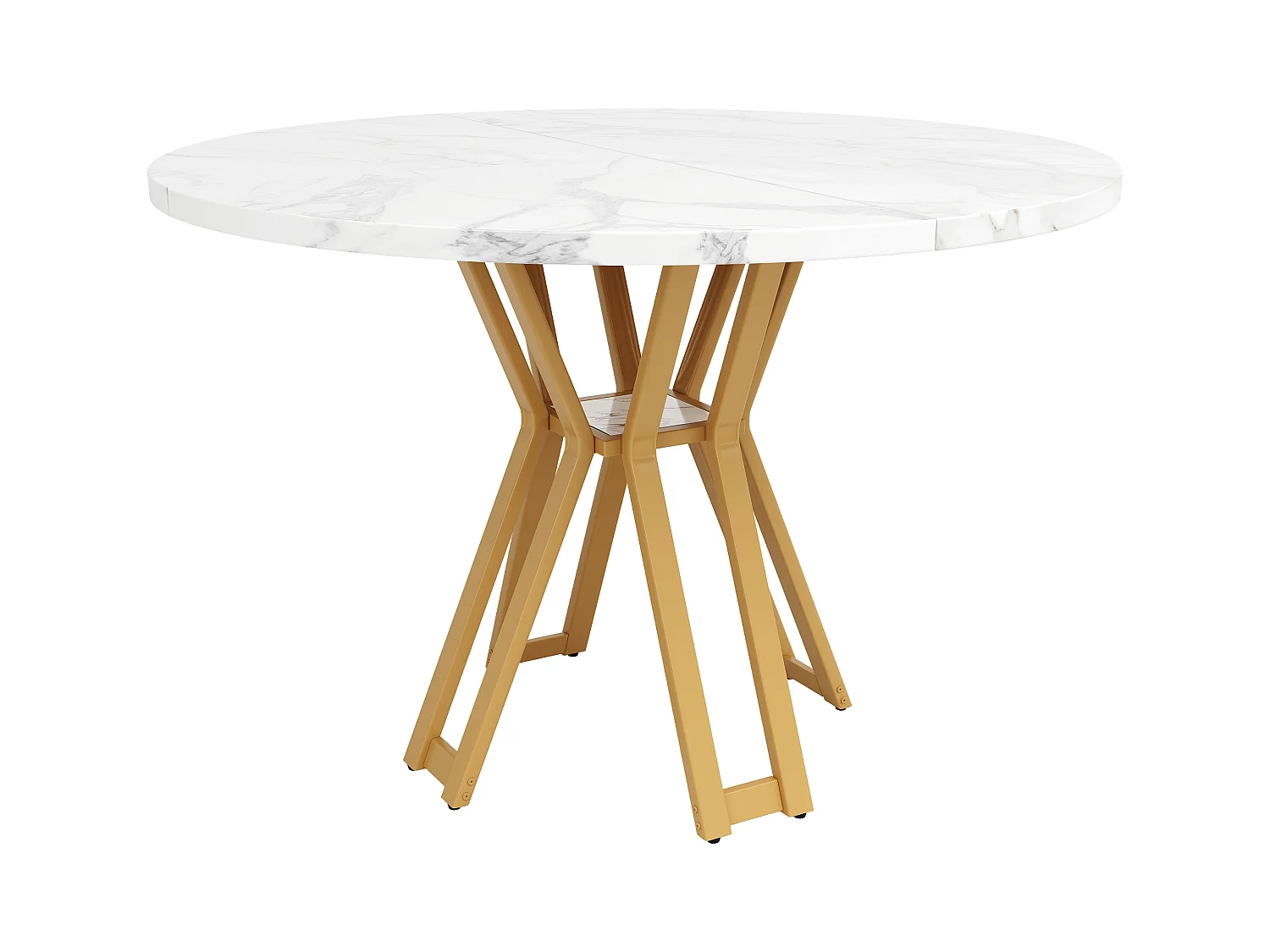 Table à manger ronde 4 personnes, plateau en placage marbre blanc avec pieds croisé en métal doré - 100x100x76cm