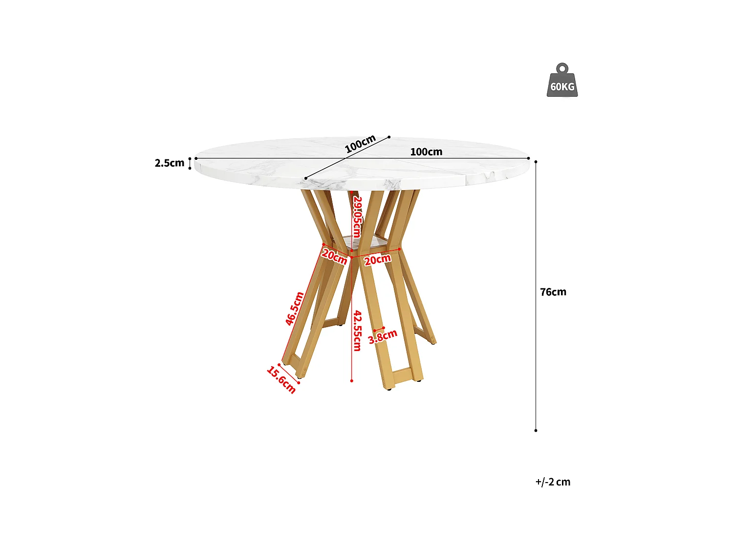 Table à manger ronde 4 personnes, plateau en placage marbre blanc avec pieds croisé en métal doré - 100x100x76cm