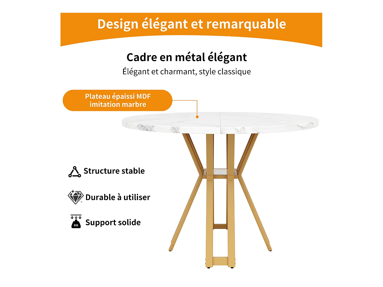 Table à manger ronde 4 personnes, plateau en placage marbre blanc avec pieds croisé en métal doré - 100x100x76cm