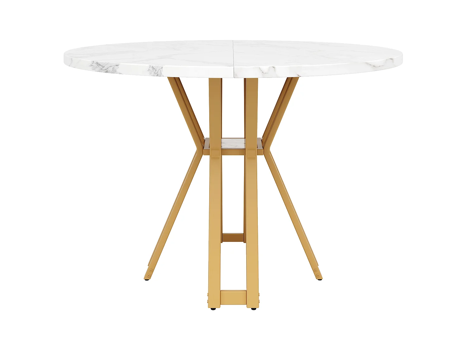 Table à manger ronde 4 personnes, plateau en placage marbre blanc avec pieds croisé en métal doré - 100x100x76cm