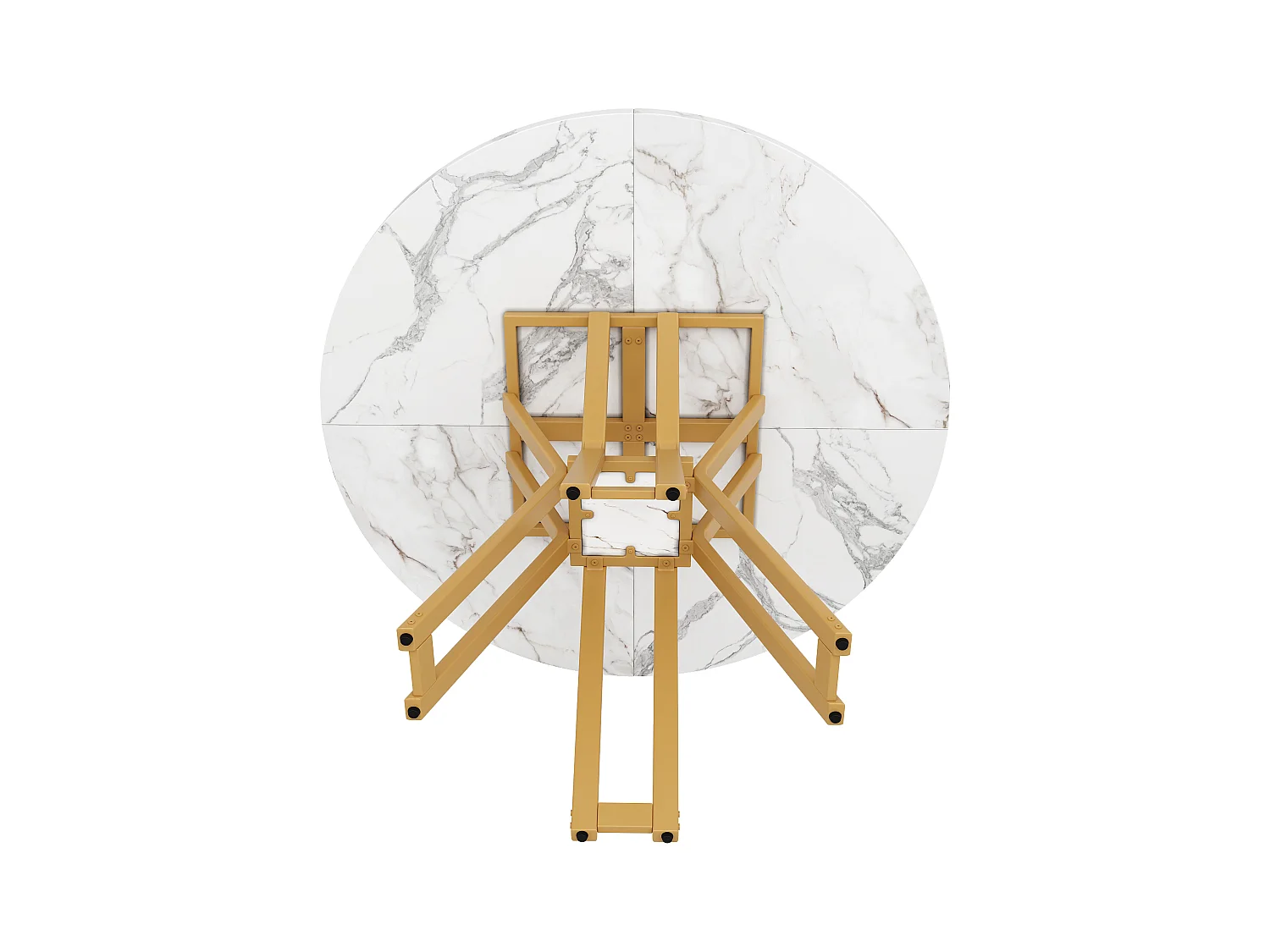 Table à manger ronde 4 personnes, plateau en placage marbre blanc avec pieds croisé en métal doré - 100x100x76cm