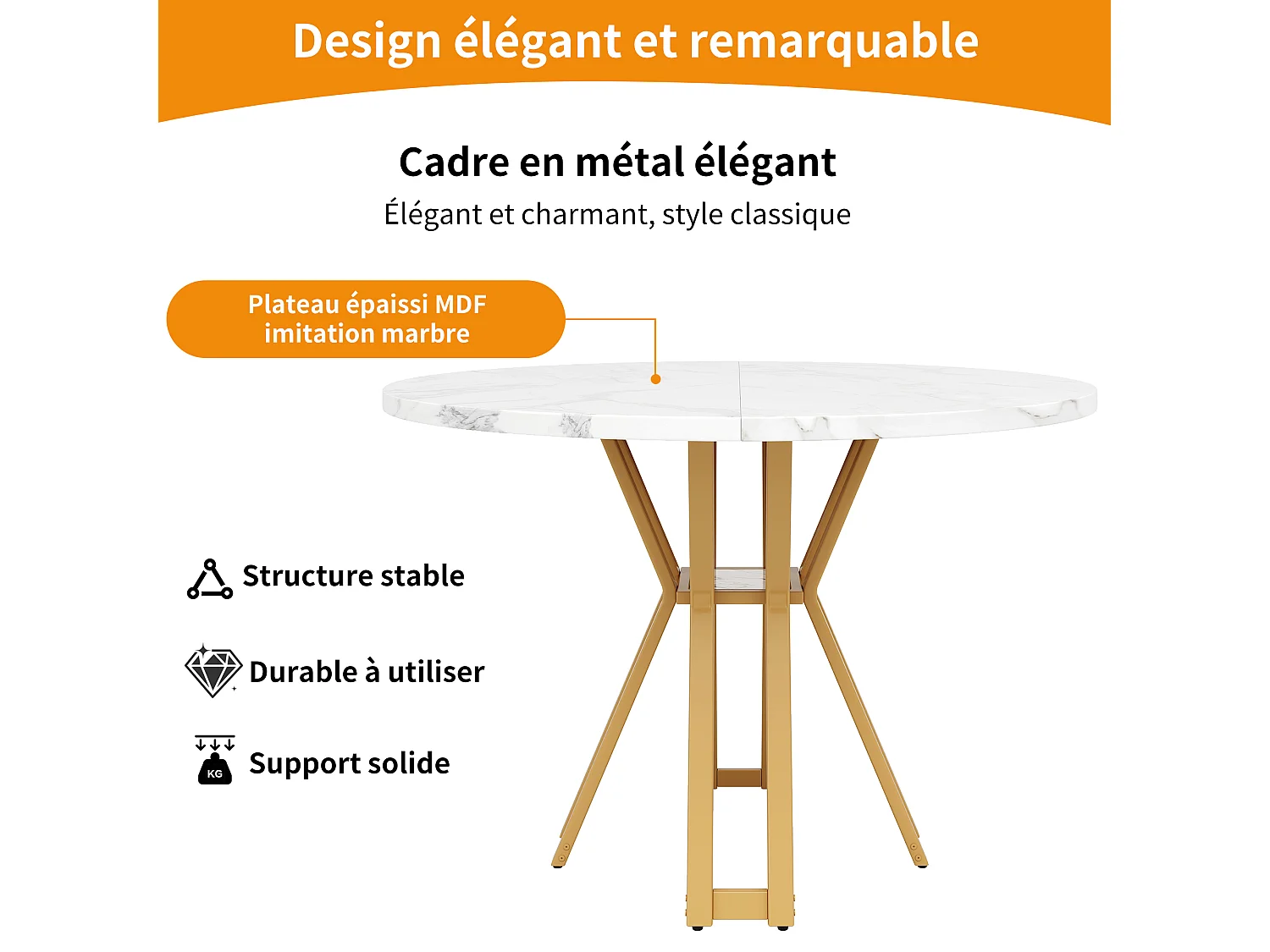 Table à manger ronde 4 personnes, plateau en placage marbre blanc avec pieds croisé en métal doré - 100x100x76cm