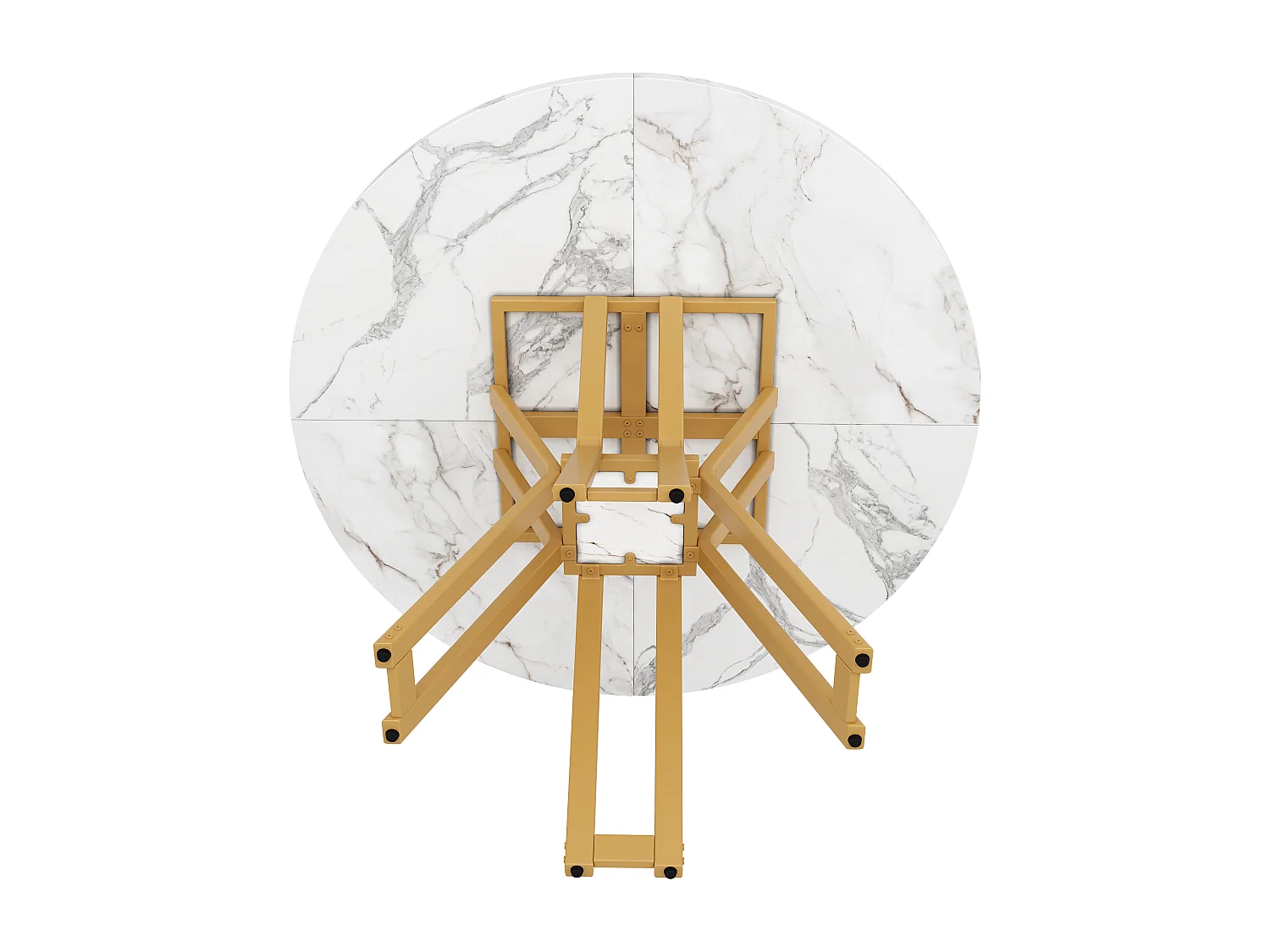 Table à manger ronde 4 personnes, plateau en placage marbre blanc avec pieds croisé en métal doré - 100x100x76cm