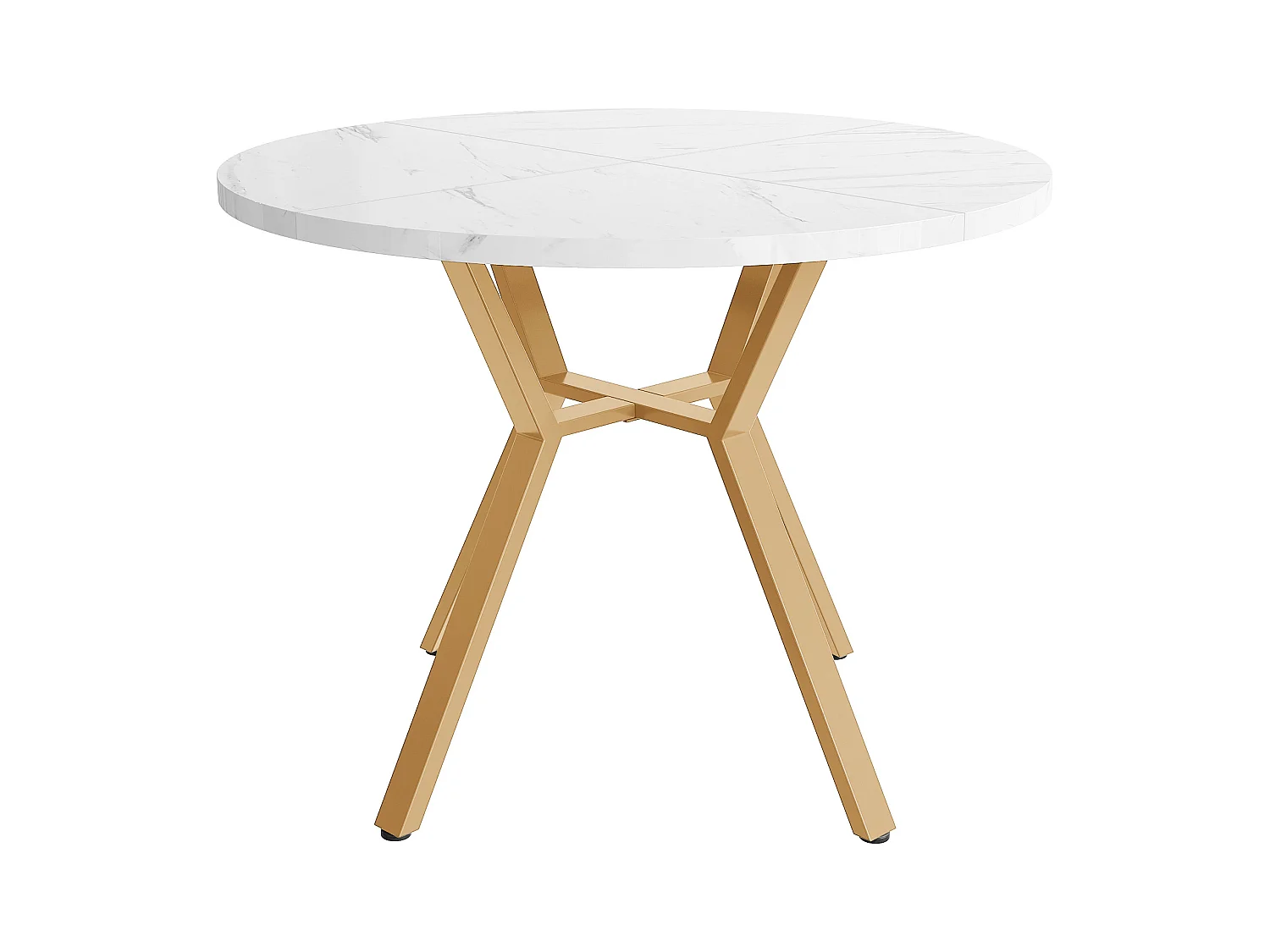 Ronde eettafel voor 4 personen, blad van wit marmerfineer met poten van goudkleurig metaal - 100x100x75cm
