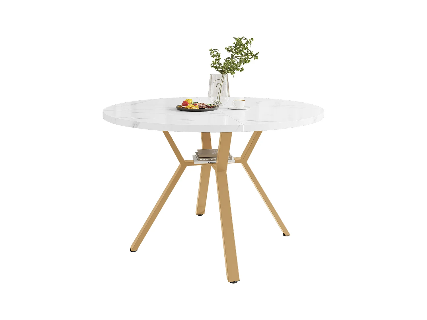 Table à manger ronde 4 personnes, plateau en placage marbre blanc avec pieds en métal doré - 100x100x75cm
