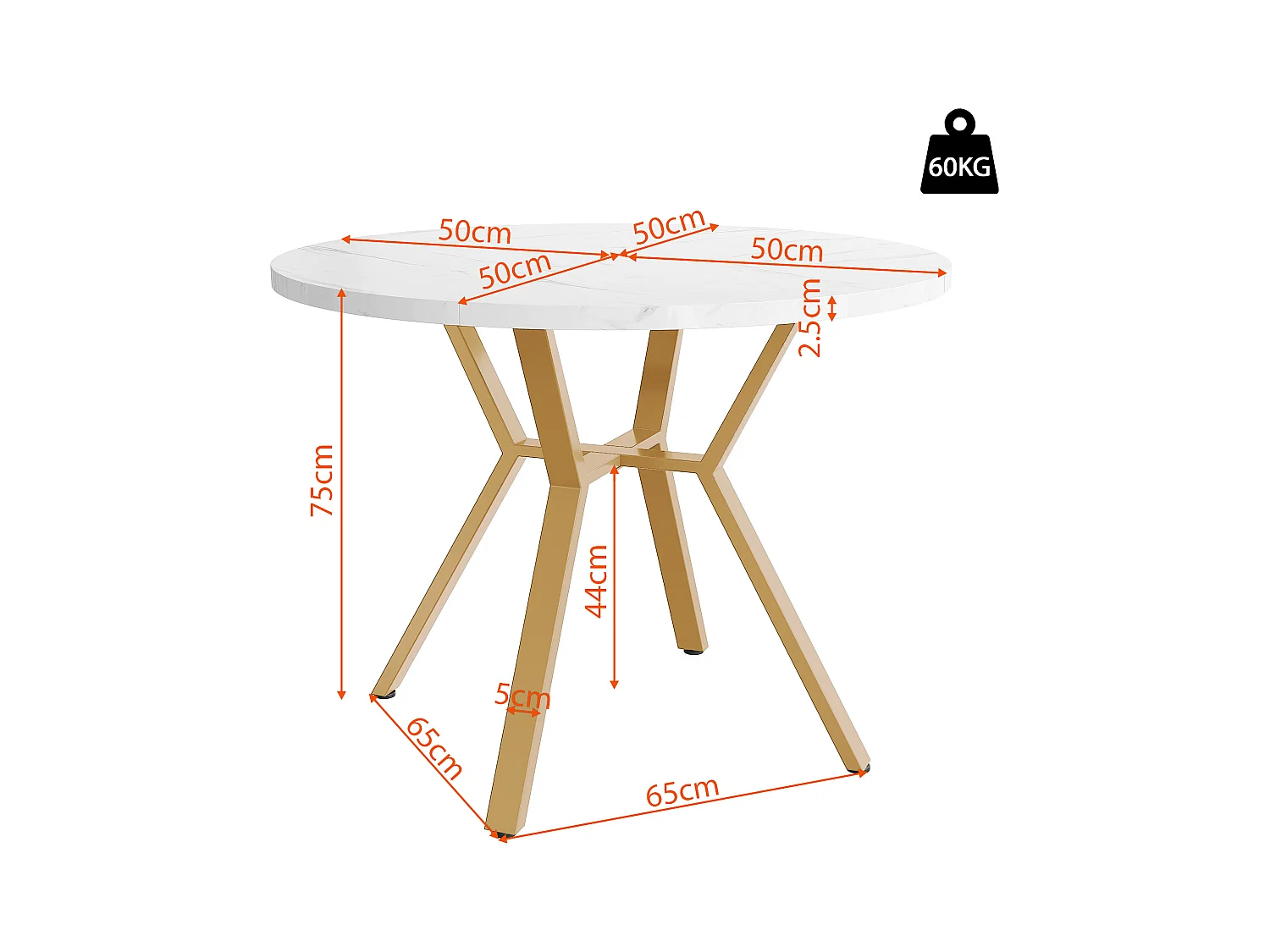 Table à manger ronde 4 personnes, plateau en placage marbre blanc avec pieds en métal doré - 100x100x75cm