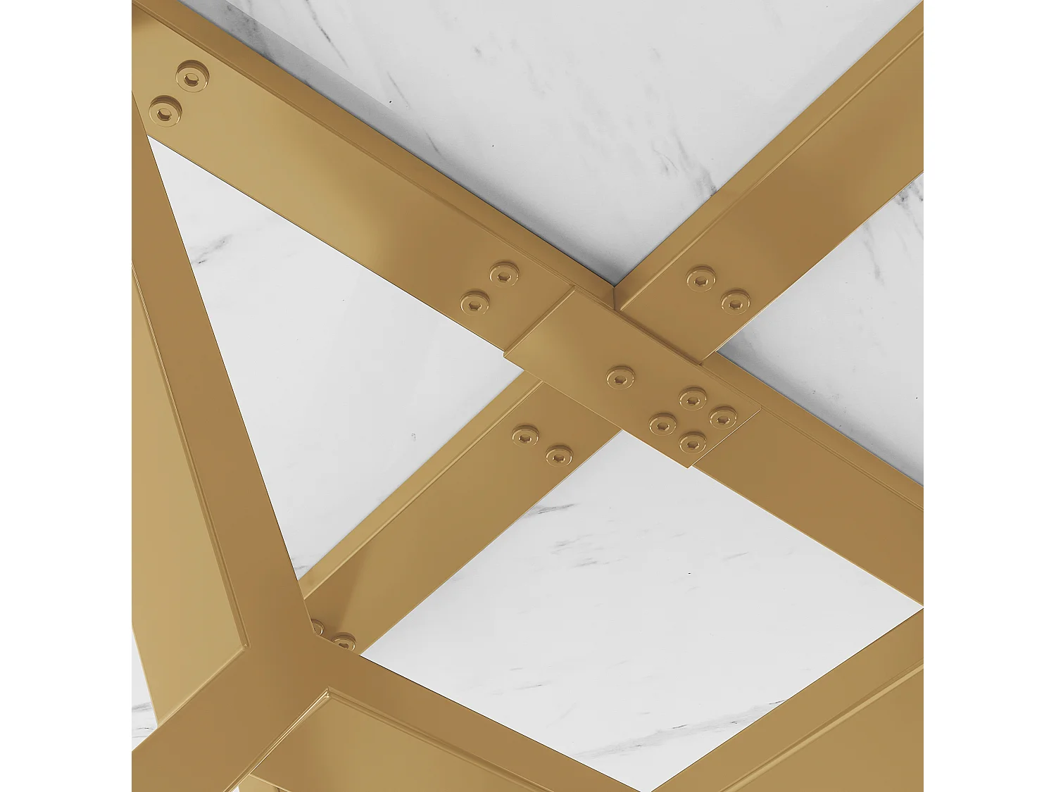 Mesa de jantar redonda para 4 pessoas, tampo em folheado de mármore branco com pés em metal dourado - 100x100x75cm