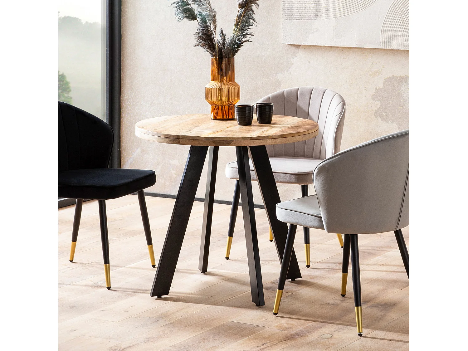 Table de Salle à Manger 80x80x75 cm en Bois Massif de Manguier, Table de Cuisine Ronde Moderne