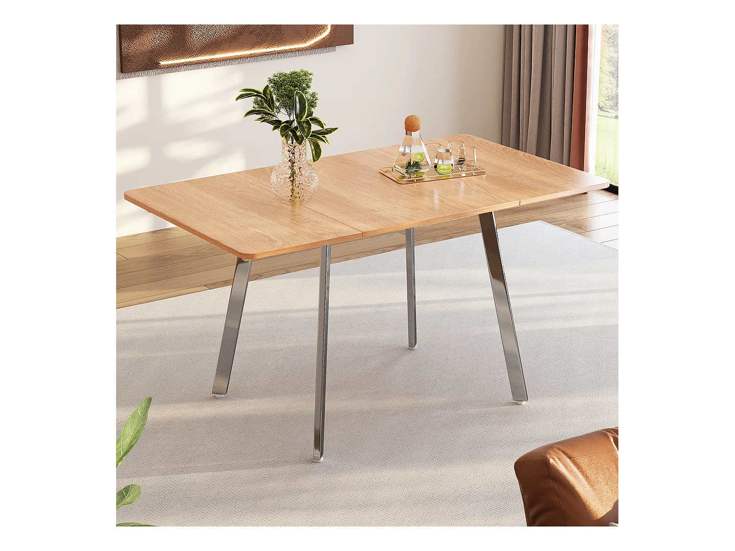 Table à manger moderne et minimaliste de couleur naturelle élégante et pieds chromés argentés – 140 cm x 80 cm, convient pour 4 à 6 personnes