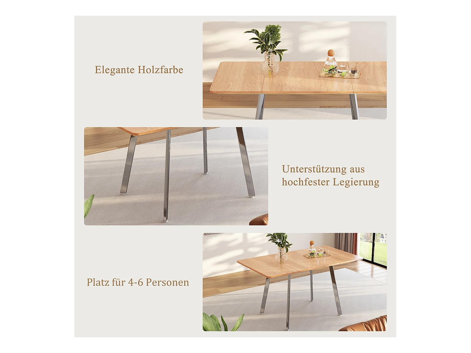Table à manger moderne et minimaliste de couleur naturelle élégante et pieds chromés argentés – 140 cm x 80 cm, convient pour 4 à 6 personnes