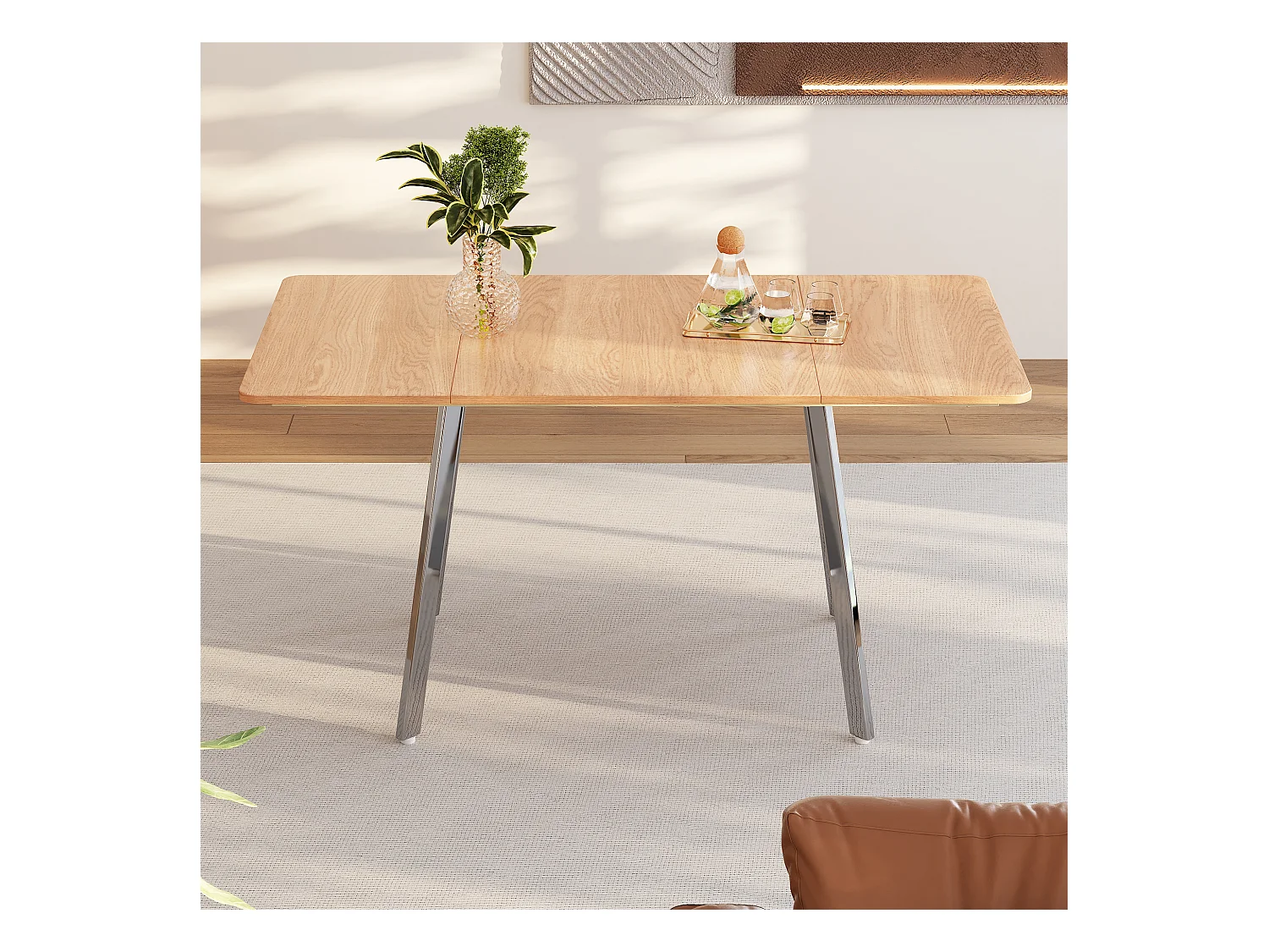 Table à manger moderne et minimaliste de couleur naturelle élégante et pieds chromés argentés – 140 cm x 80 cm, convient pour 4 à 6 personnes