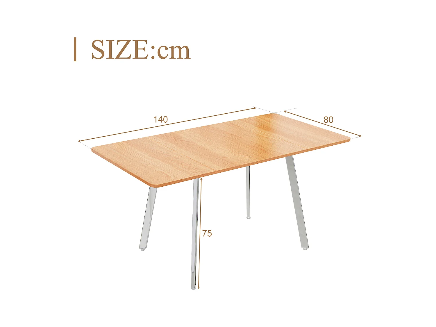 Table à manger moderne et minimaliste de couleur naturelle élégante et pieds chromés argentés – 140 cm x 80 cm, convient pour 4 à 6 personnes