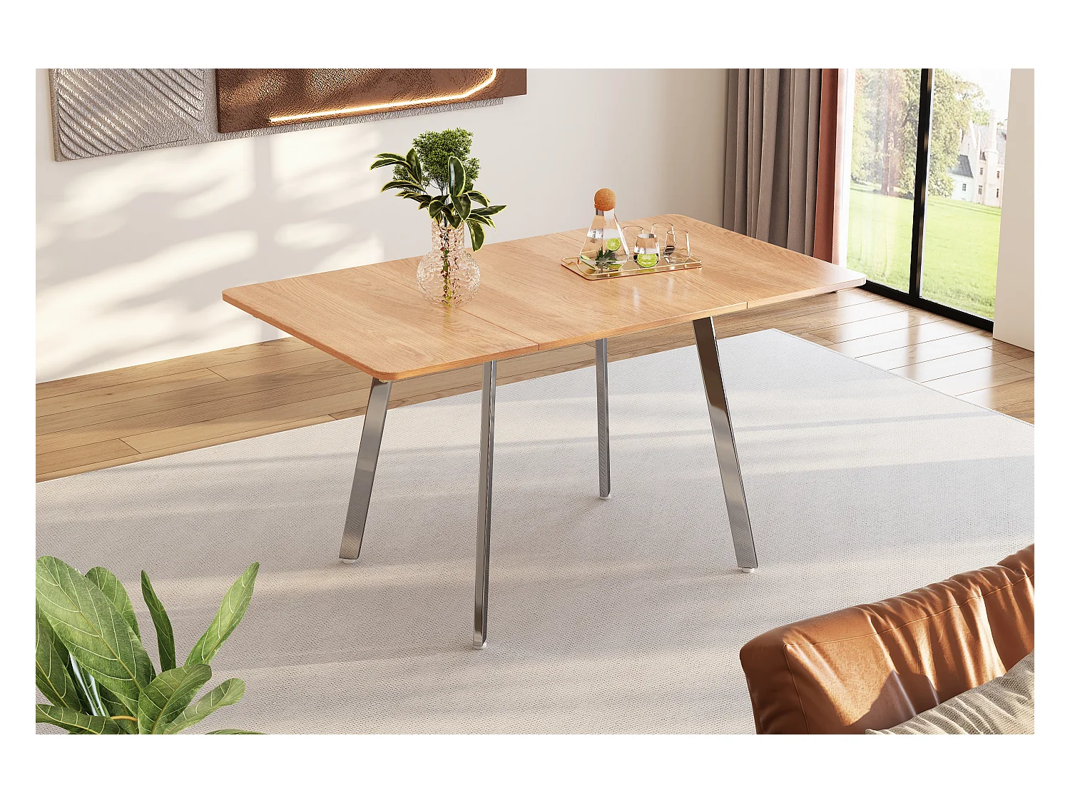 Table à manger moderne et minimaliste de couleur naturelle élégante et pieds chromés argentés – 140 cm x 80 cm, convient pour 4 à 6 personnes
