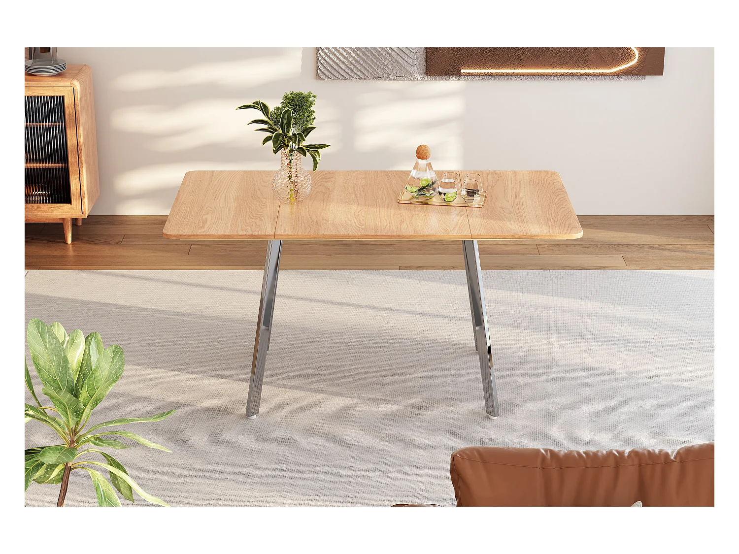 Table à manger moderne et minimaliste de couleur naturelle élégante et pieds chromés argentés – 140 cm x 80 cm, convient pour 4 à 6 personnes