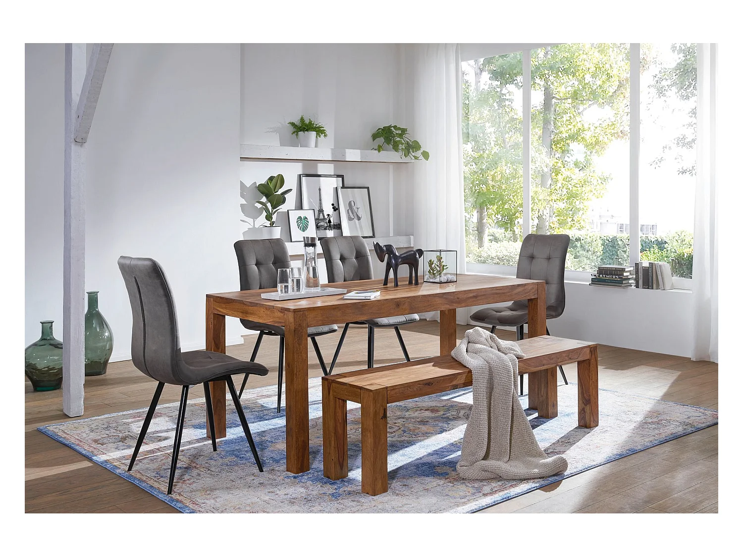 eetbank MUMBAI massief hout Sheesham 160 x 45 x 35 cm houten bank naturel product Keukenbank in landhuisstijl