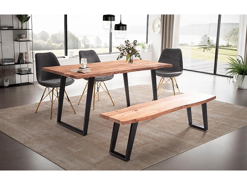 Esszimmertisch 180x90x76 cm Akazie Massivholz / Metall Esstisch Baumkante, Küchentisch Massiv mit