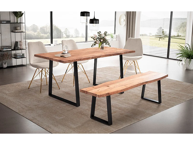 eettafel 180x90x76 cm acacia massief hout / metaal eettafel boomrand, massieve keukentafel met trapeziumpoten in zwart, houten tafel eettafel eetkamer rechthoekig