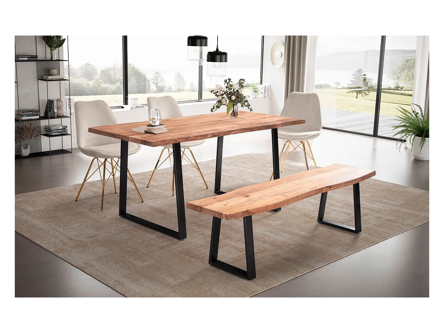 eettafel 180x90x76 cm acacia massief hout / metaal eettafel boomrand, massieve keukentafel met trapeziumpoten in zwart, houten tafel eettafel eetkamer rechthoekig