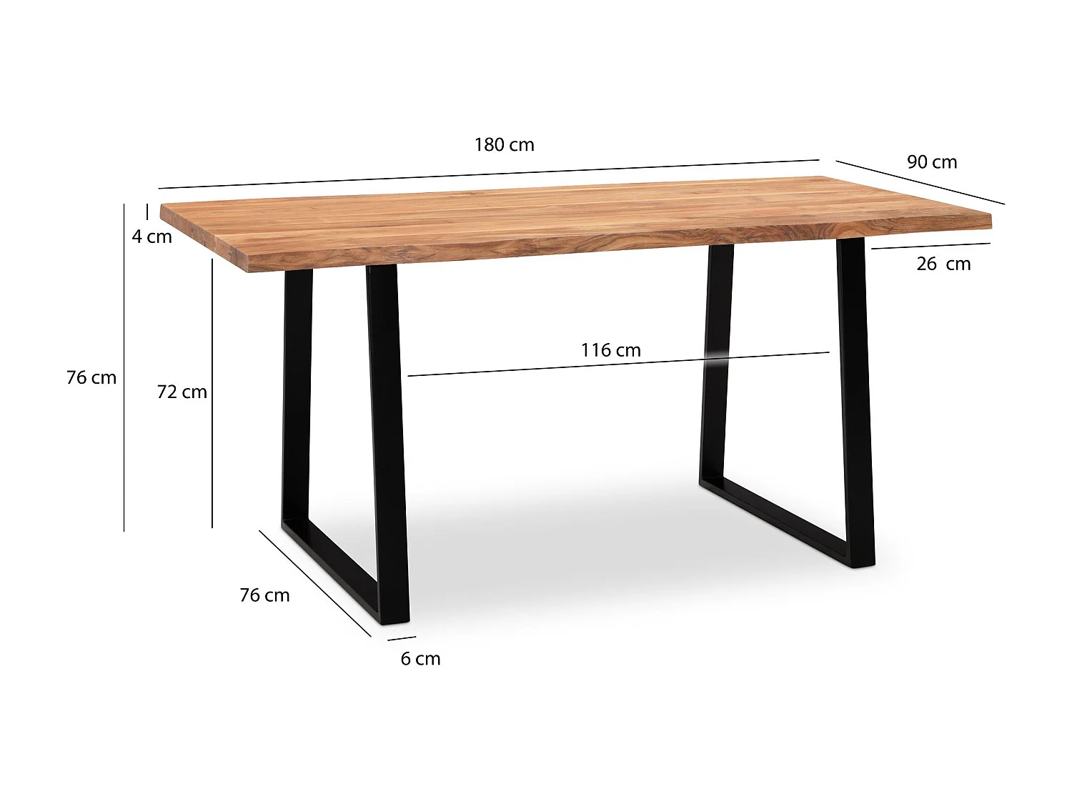 eettafel 180x90x76 cm acacia massief hout / metaal eettafel boomrand, massieve keukentafel met trapeziumpoten in zwart, houten tafel eettafel eetkamer rechthoekig