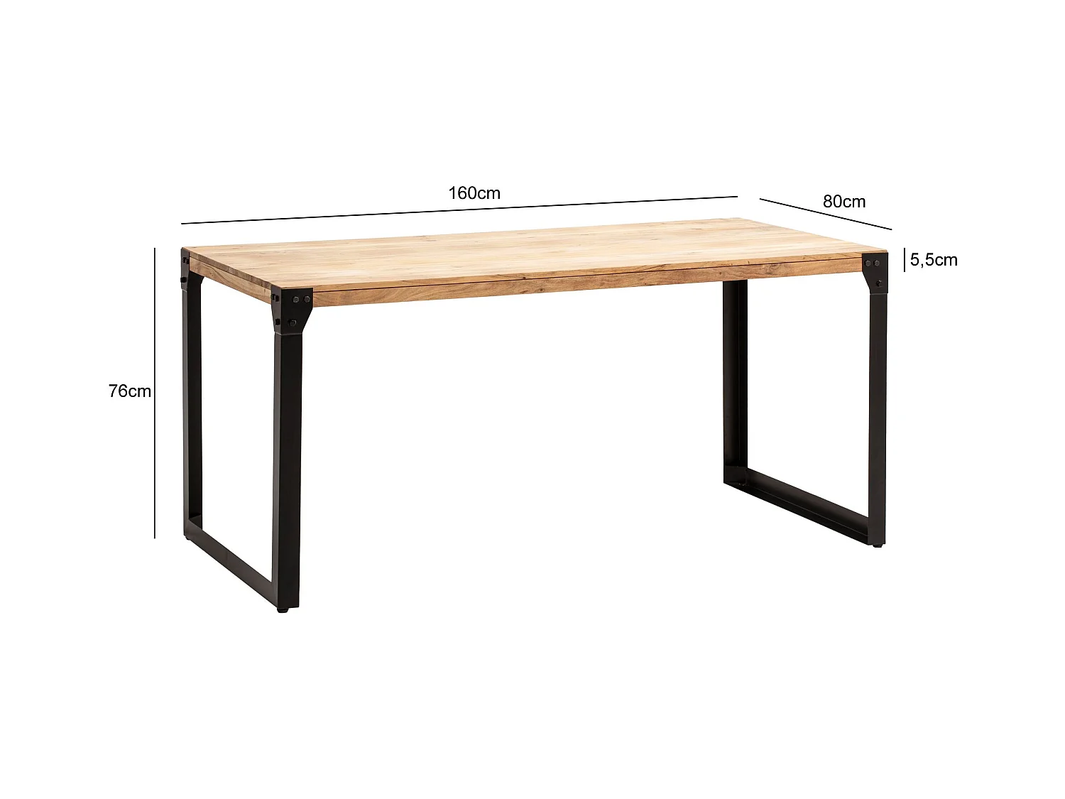 Eettafel 180x90x76 cm massief acaciahout metaal industriële stijl, grote rechthoekige keukentafel met metalen poten