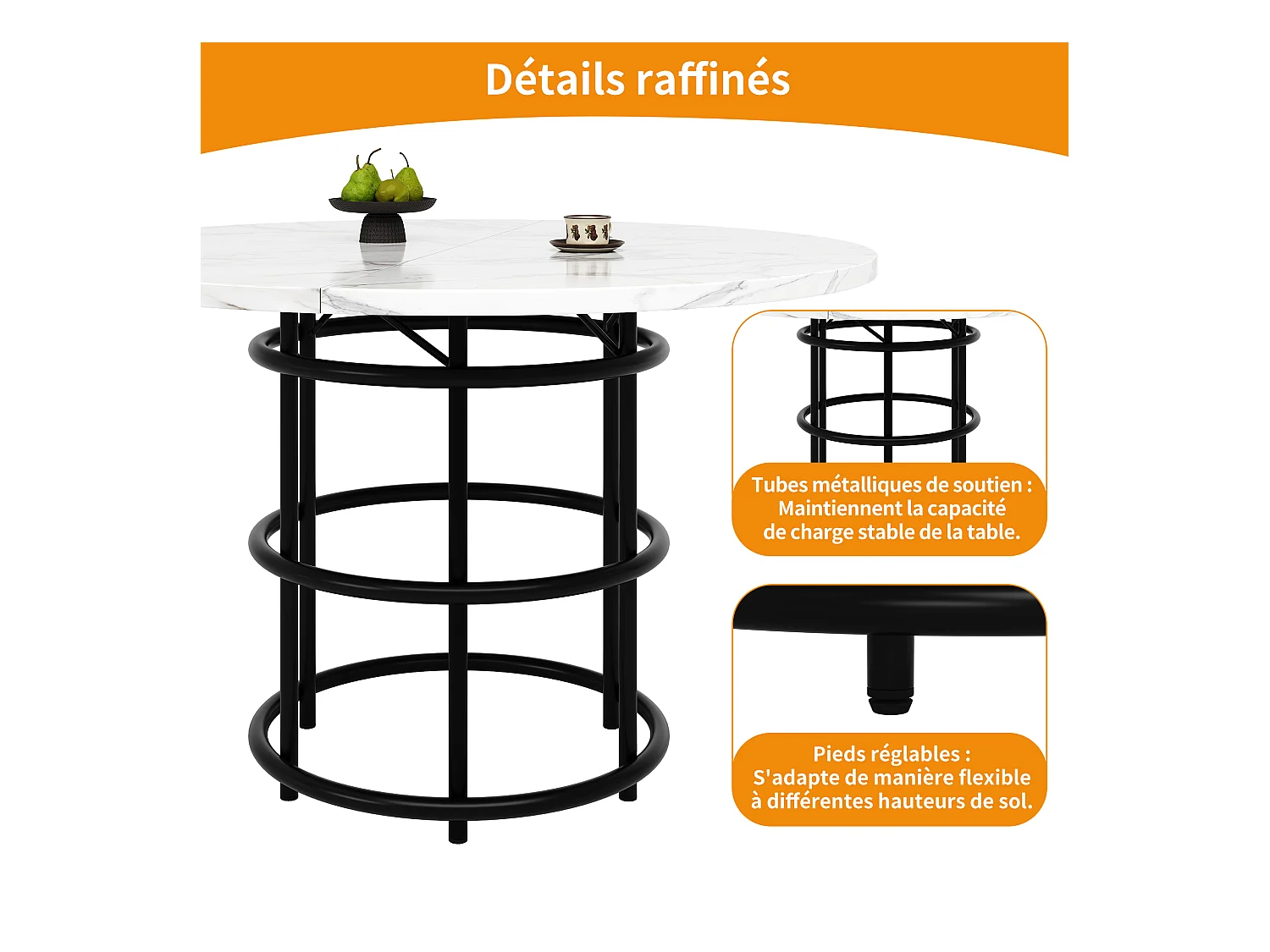 Ronde eettafel voor 4 personen, blad van wit marmerfineer met zwarte metalen poten in het midden - 100x100x76cm