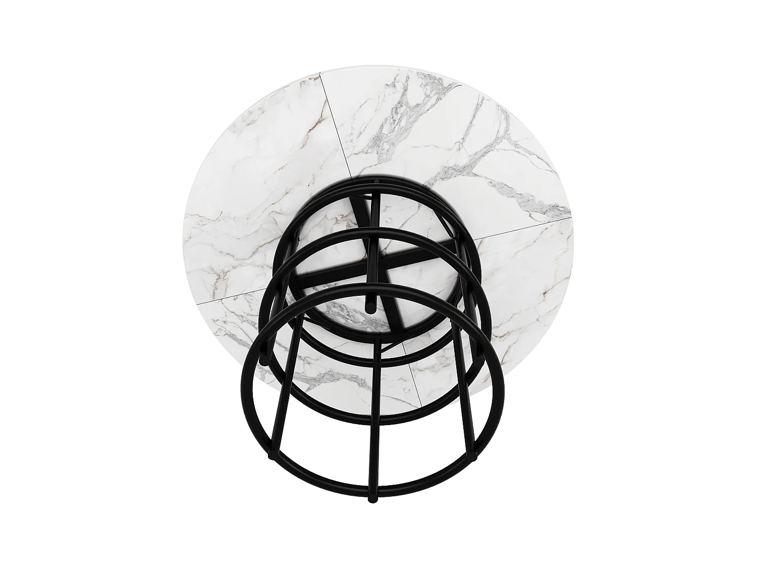 Ronde eettafel voor 4 personen, blad van wit marmerfineer met zwarte metalen poten in het midden - 100x100x76cm