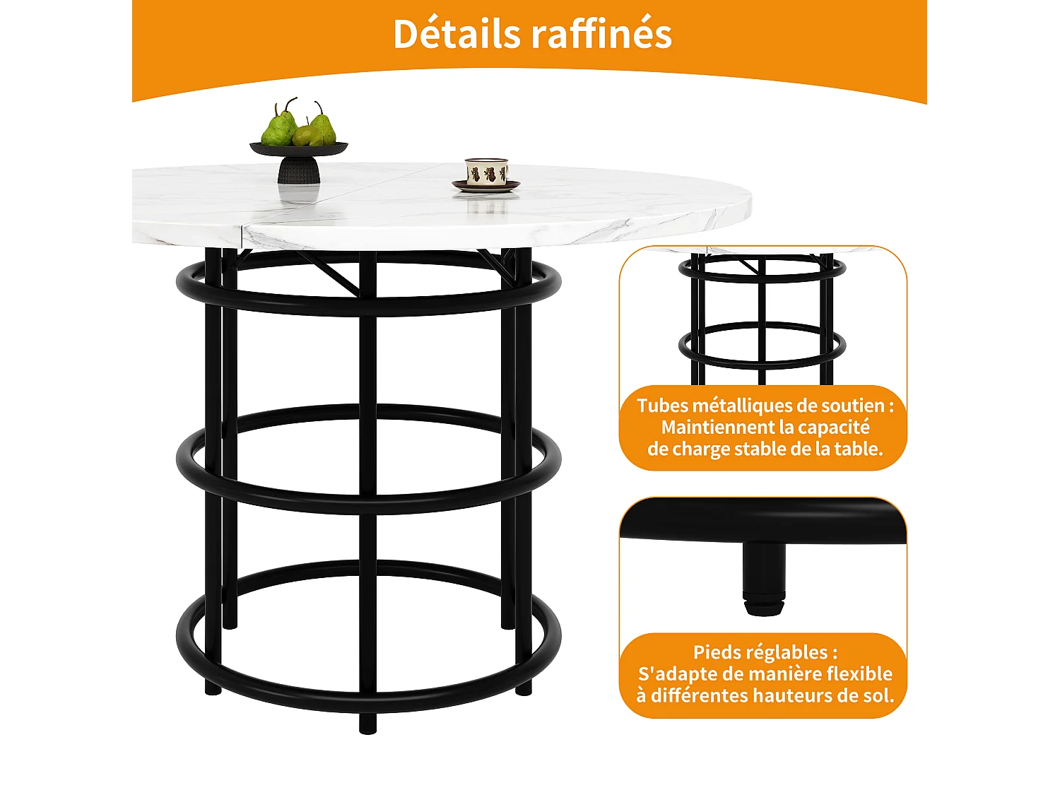 Table à manger ronde 4 personnes, plateau en placage marbre blanc avec pieds central en métal noir - 100x100x76cm