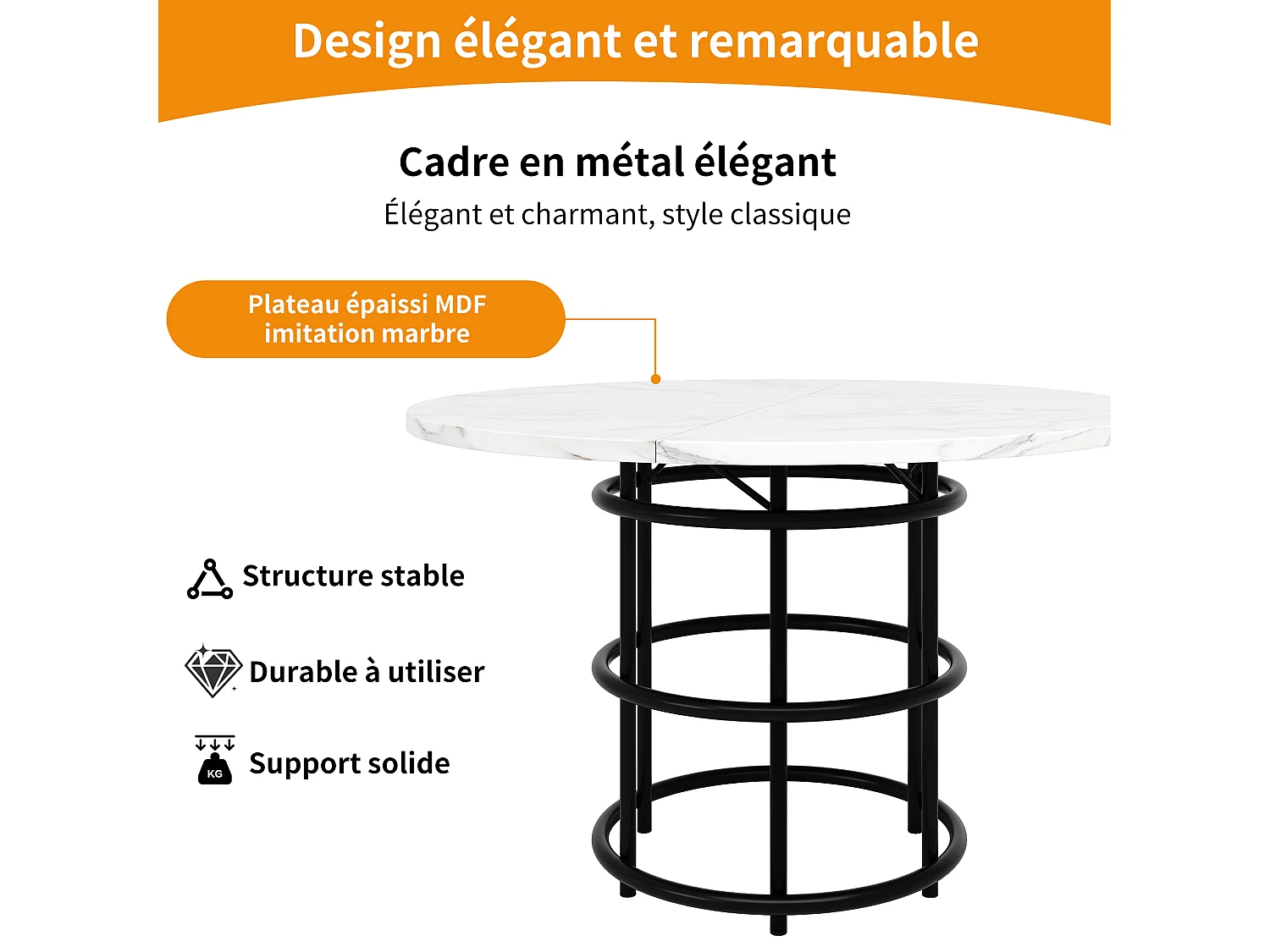 Table à manger ronde 4 personnes, plateau en placage marbre blanc avec pieds central en métal noir - 100x100x76cm