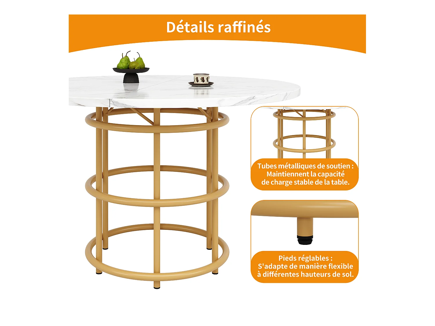 Table à manger ronde 4 personnes, plateau en placage marbre blanc avec pieds central en métal doré - 100x100x76cm