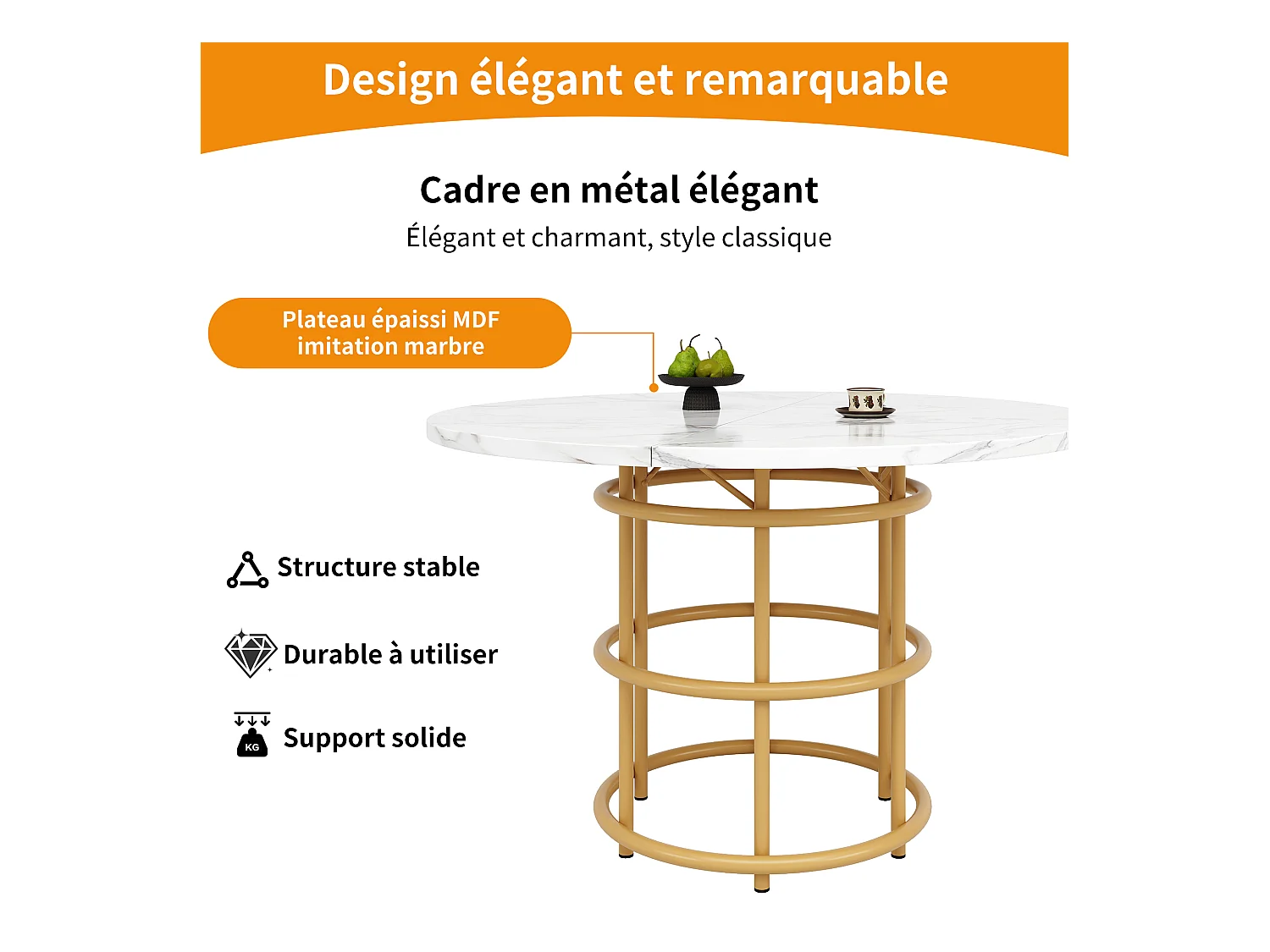 Table à manger ronde 4 personnes, plateau en placage marbre blanc avec pieds central en métal doré - 100x100x76cm