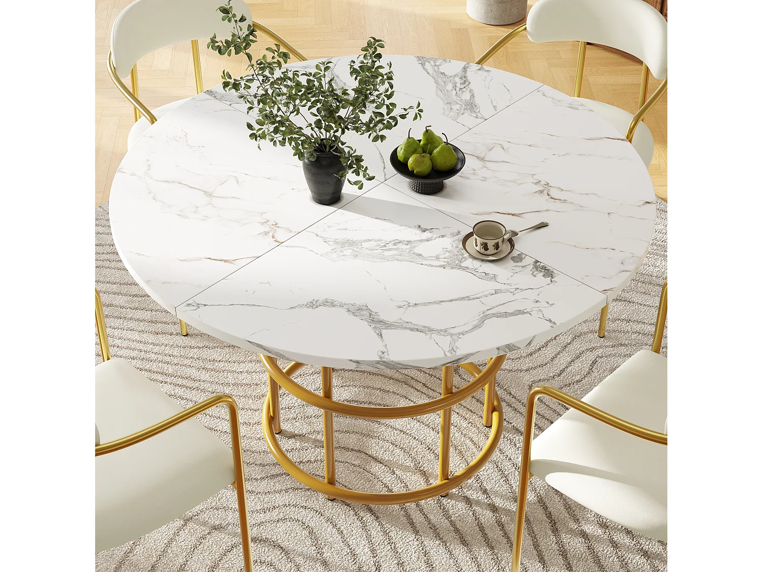 Table à manger ronde 4 personnes, plateau en placage marbre blanc avec pieds central en métal doré - 100x100x76cm