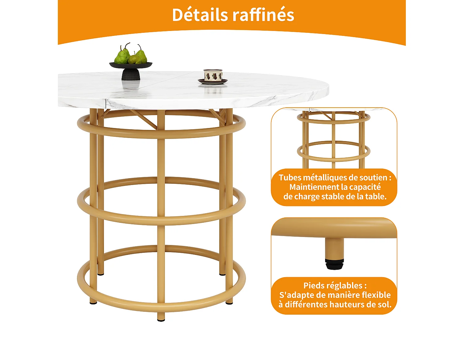Table à manger ronde 4 personnes, plateau en placage marbre blanc avec pieds central en métal doré - 100x100x76cm