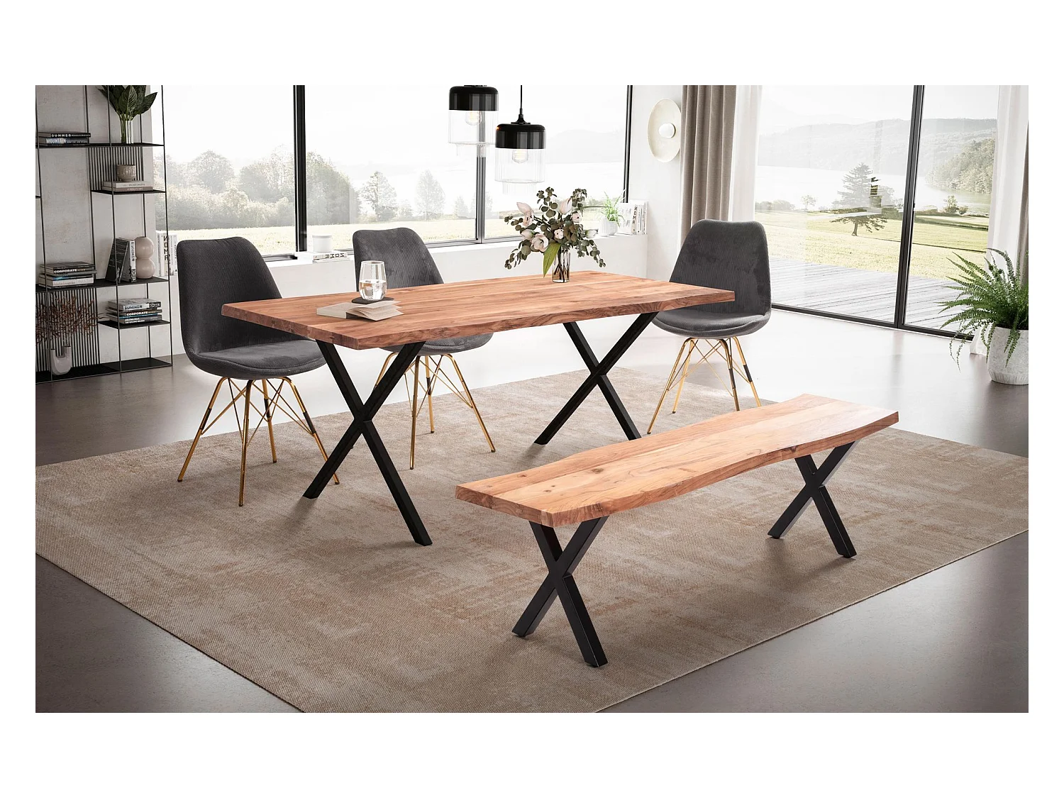 Eettafel 160x80x76 cm in massief acaciahout en metaal, keukentafel met natuurlijke randen, rechthoekige eettafel met x poten in zwart