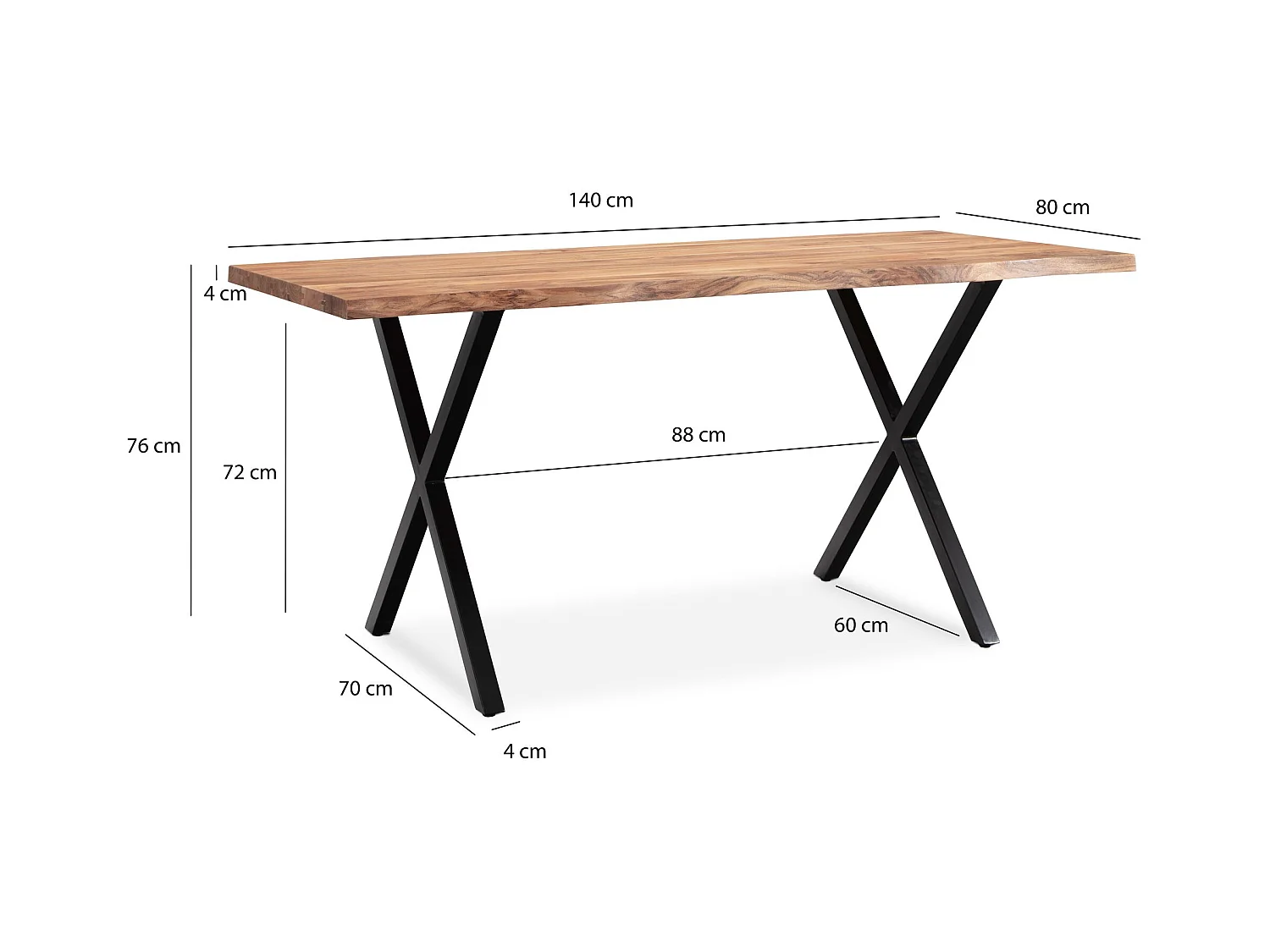 Eettafel 160x80x76 cm in massief acaciahout en metaal, keukentafel met natuurlijke randen, rechthoekige eettafel met x poten in zwart