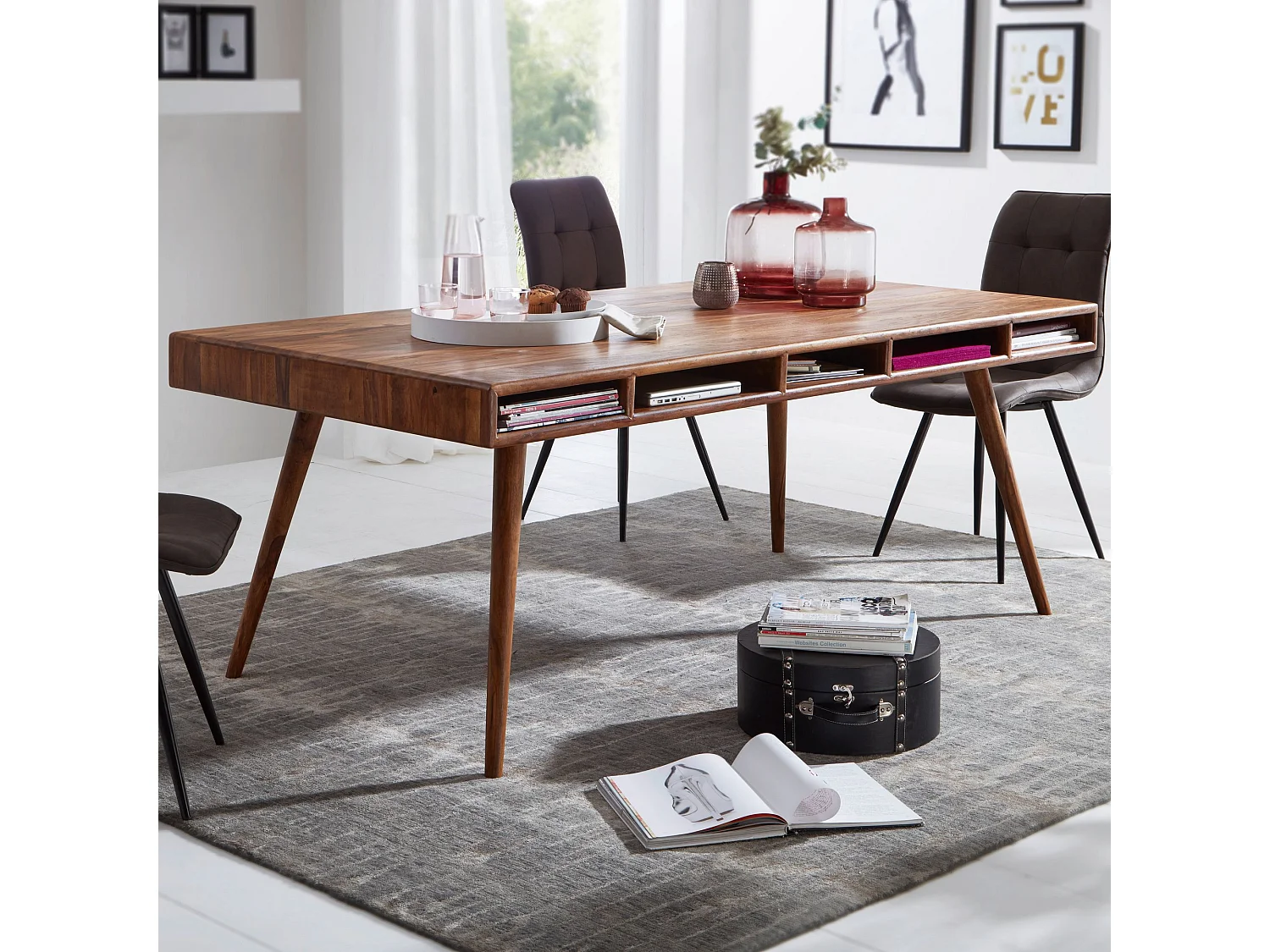 Table de Salle à Manger 140x80x76 cm en Bois Massif d’Acacia et Métal, Table de Cuisine Style