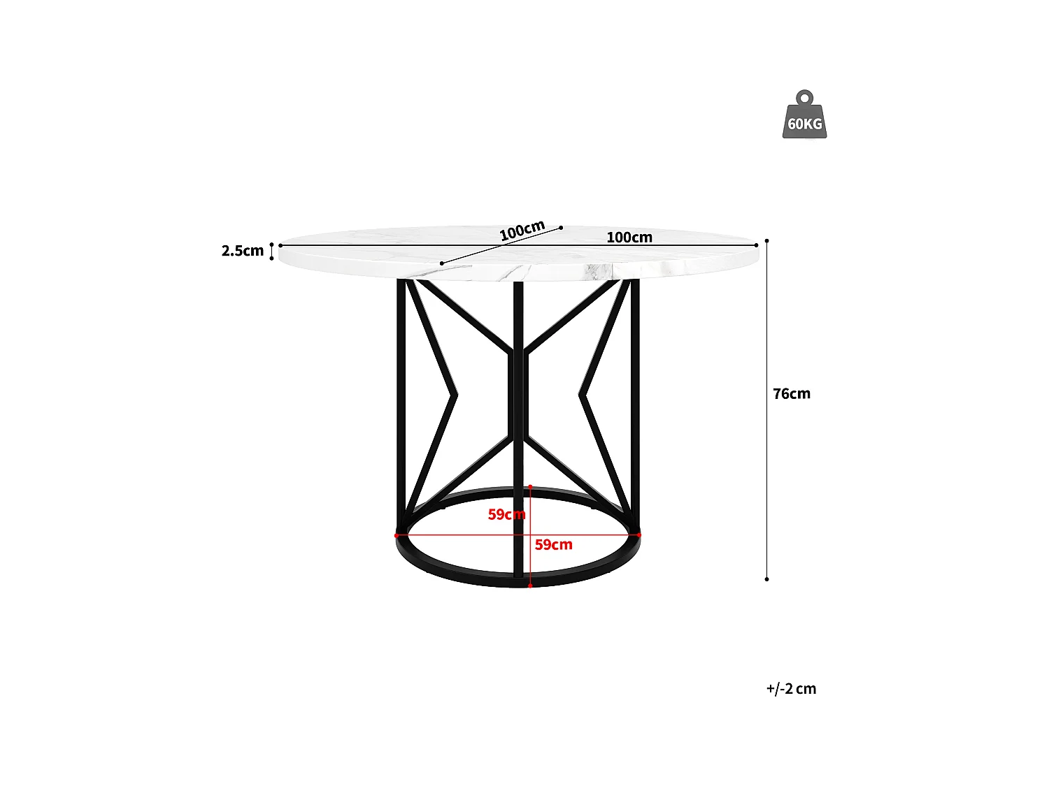 Ronde eettafel voor 4 personen, blad van wit marmerfineer met zwarte metalen poten in het midden - 100x100x76cm