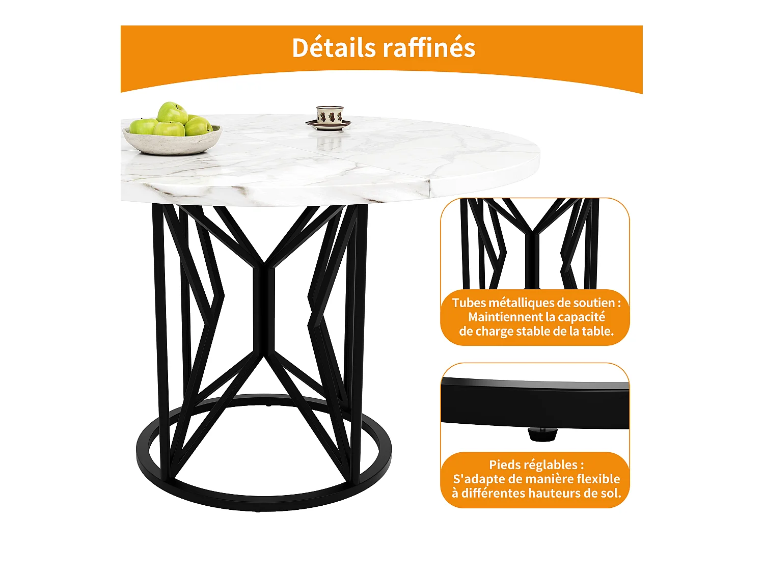 Ronde eettafel voor 4 personen, blad van wit marmerfineer met zwarte metalen poten in het midden - 100x100x76cm