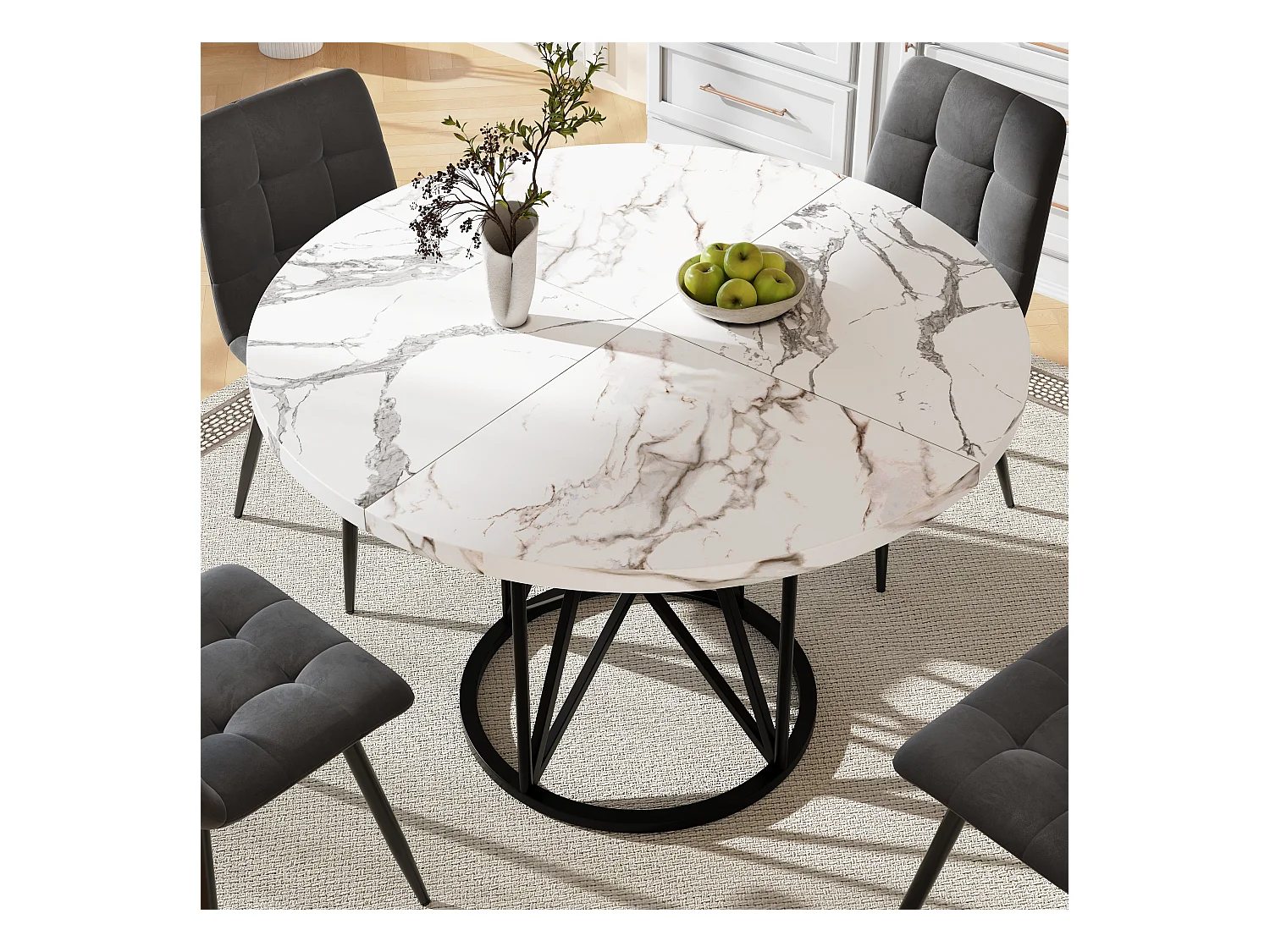 Ronde eettafel voor 4 personen, blad van wit marmerfineer met zwarte metalen poten in het midden - 100x100x76cm