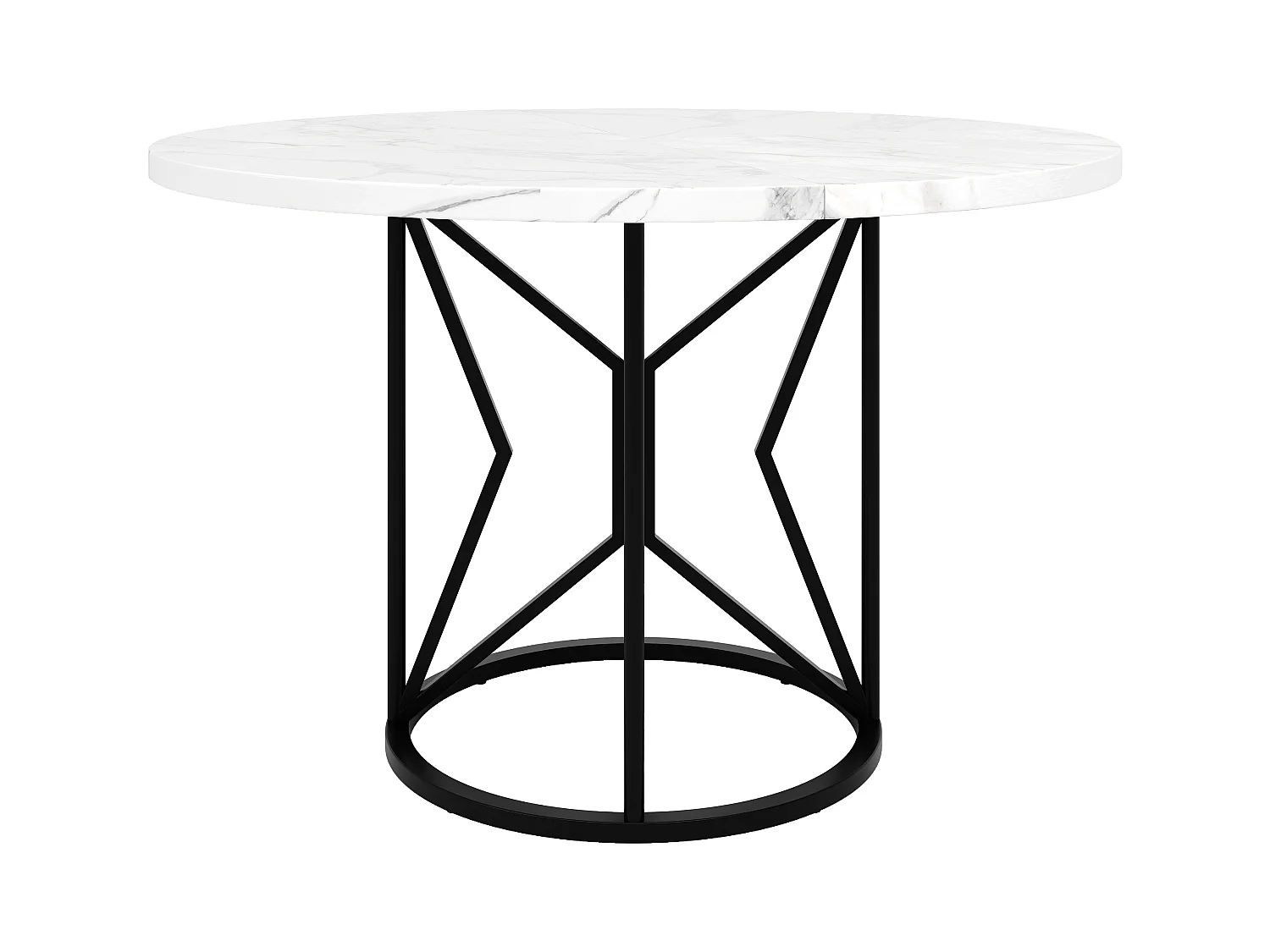Ronde eettafel voor 4 personen, blad van wit marmerfineer met zwarte metalen poten in het midden - 100x100x76cm