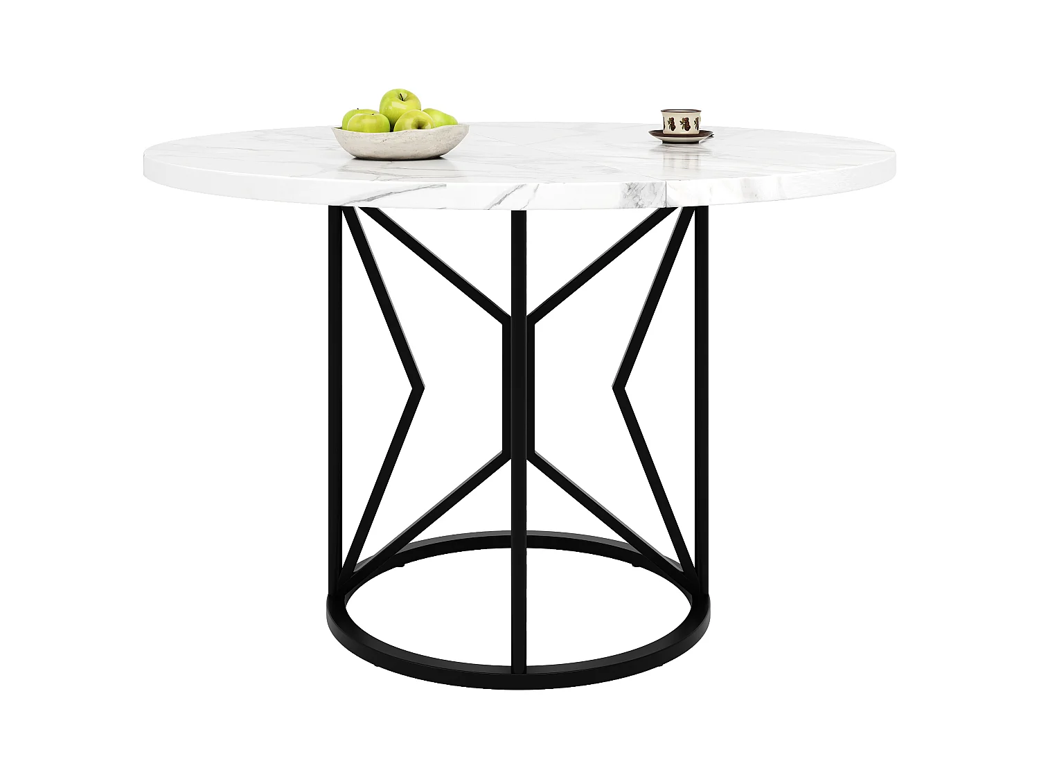 Ronde eettafel voor 4 personen, blad van wit marmerfineer met zwarte metalen poten in het midden - 100x100x76cm